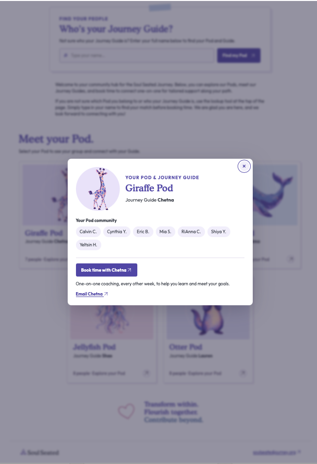 Giraffe Pod detail view showing the journey guide, pod community, and booking options